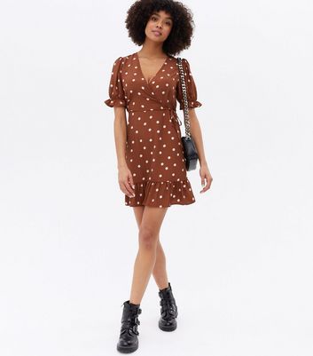 Brown Spot Frill Mini Wrap Dress | New Look